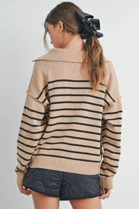 MONROE V-NECK STRIPED SWEATER - TAUPE/BLACK