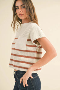 KATIE HALF MOCK NECK STRIPED KNIT TOP - WHITE/TOFFEE