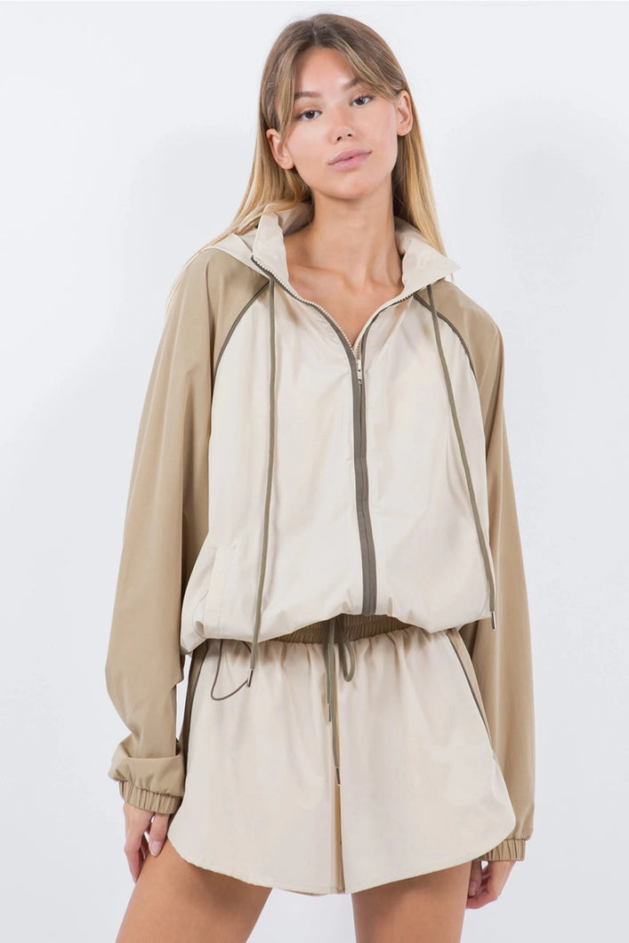 Camila Zip Up Color Block Windbreaker - Beige