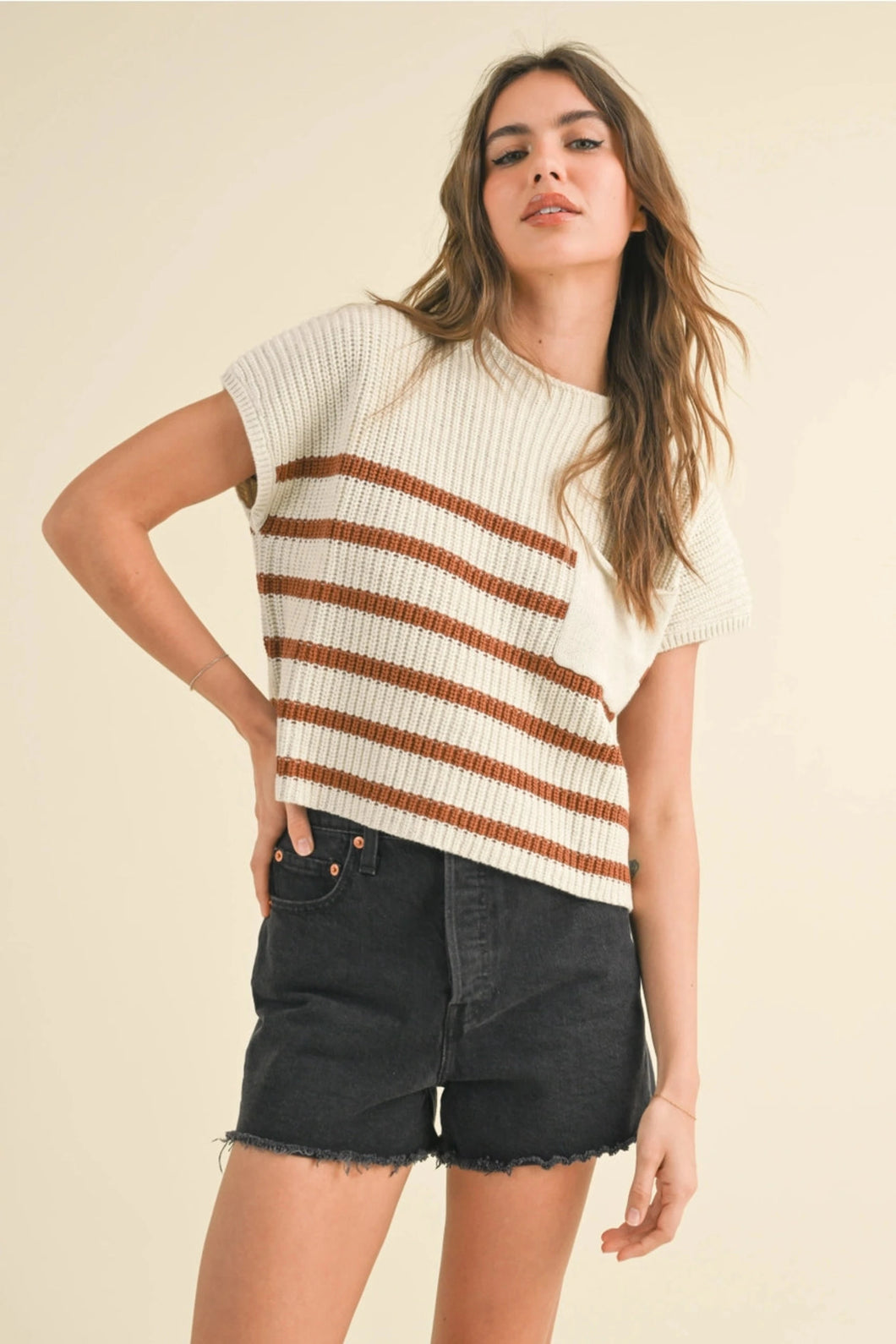 KATIE HALF MOCK NECK STRIPED KNIT TOP - WHITE/TOFFEE