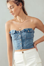 ELIANA BUTTON FRONT DENIM CROP TUBE TOP - LIGHT BLUE