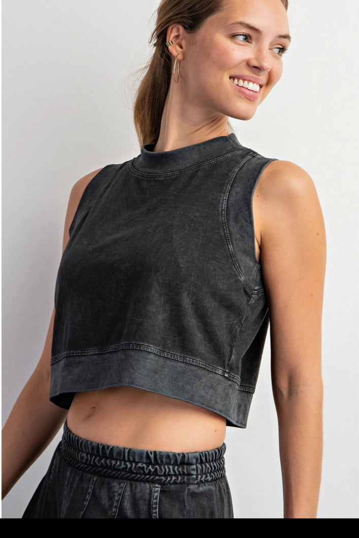 AVERIE MINERAL WASHED CROPPED SLEEVELESS TOP - BLACK