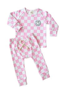 CHECKERED SMILEY LOUNGE SET PINK