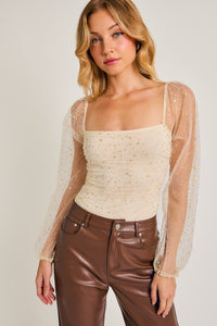 CREAM & GOLD SHIRTED MESH BODYSUIT