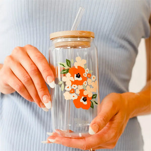 FLORAL ORANGE GLASS DRINKWARE 20oz