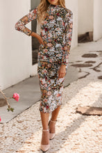 FLORAL ALLOVER PRINT MOCK NECK BODY CON MIDI DRESS