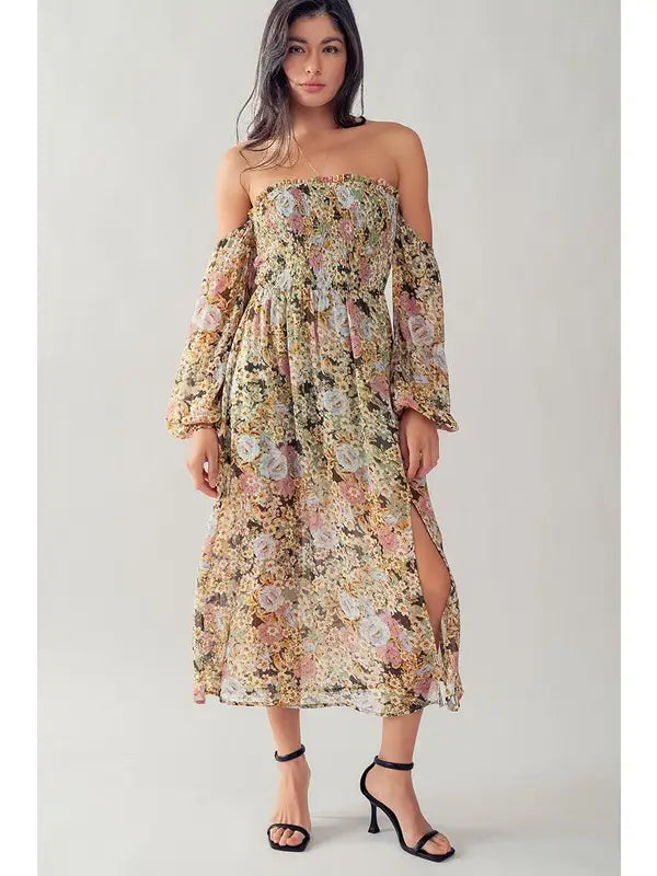 floral off shoulder high low dress