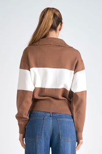 SWEATER COLLAR VNECK - TAN WHITE STRIPE