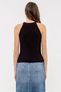 IRIS HALTER CROCHET KNIT TANK TOP - BLACK