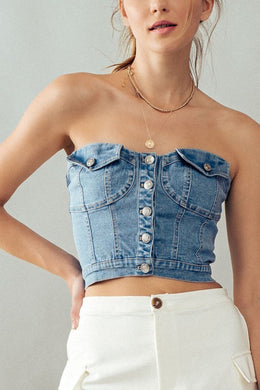 ELIANA BUTTON FRONT DENIM CROP TUBE TOP - LIGHT BLUE