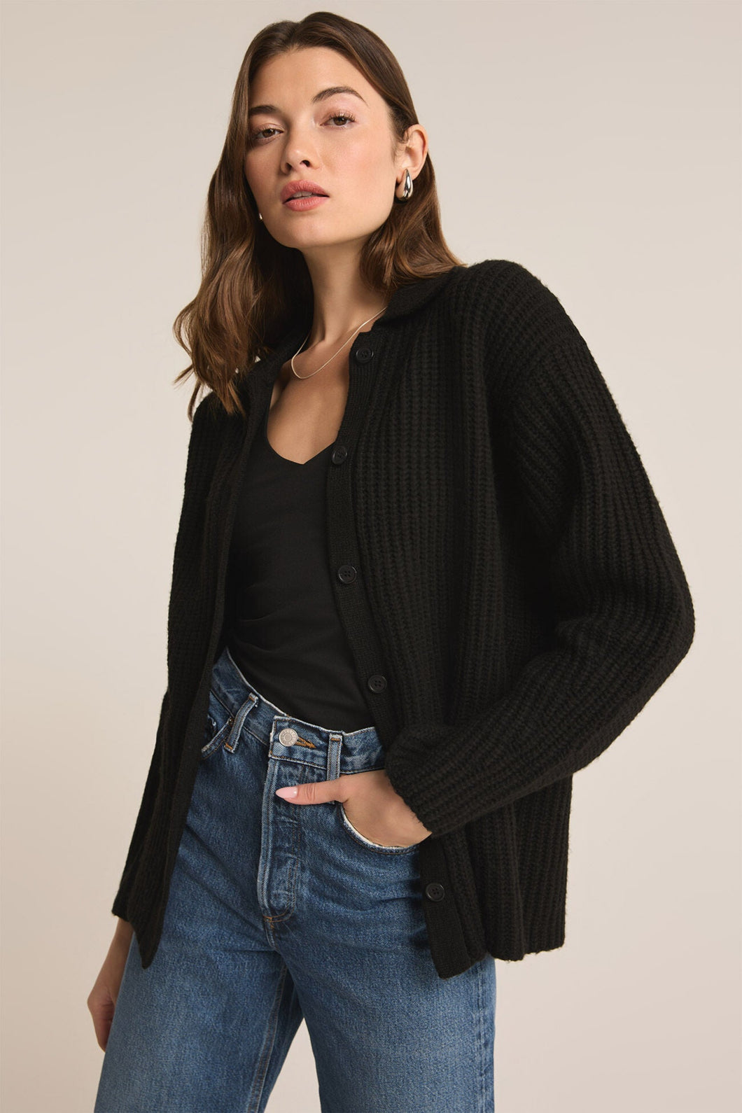 LENNIE BUTTON UP SWEATER - BLACK